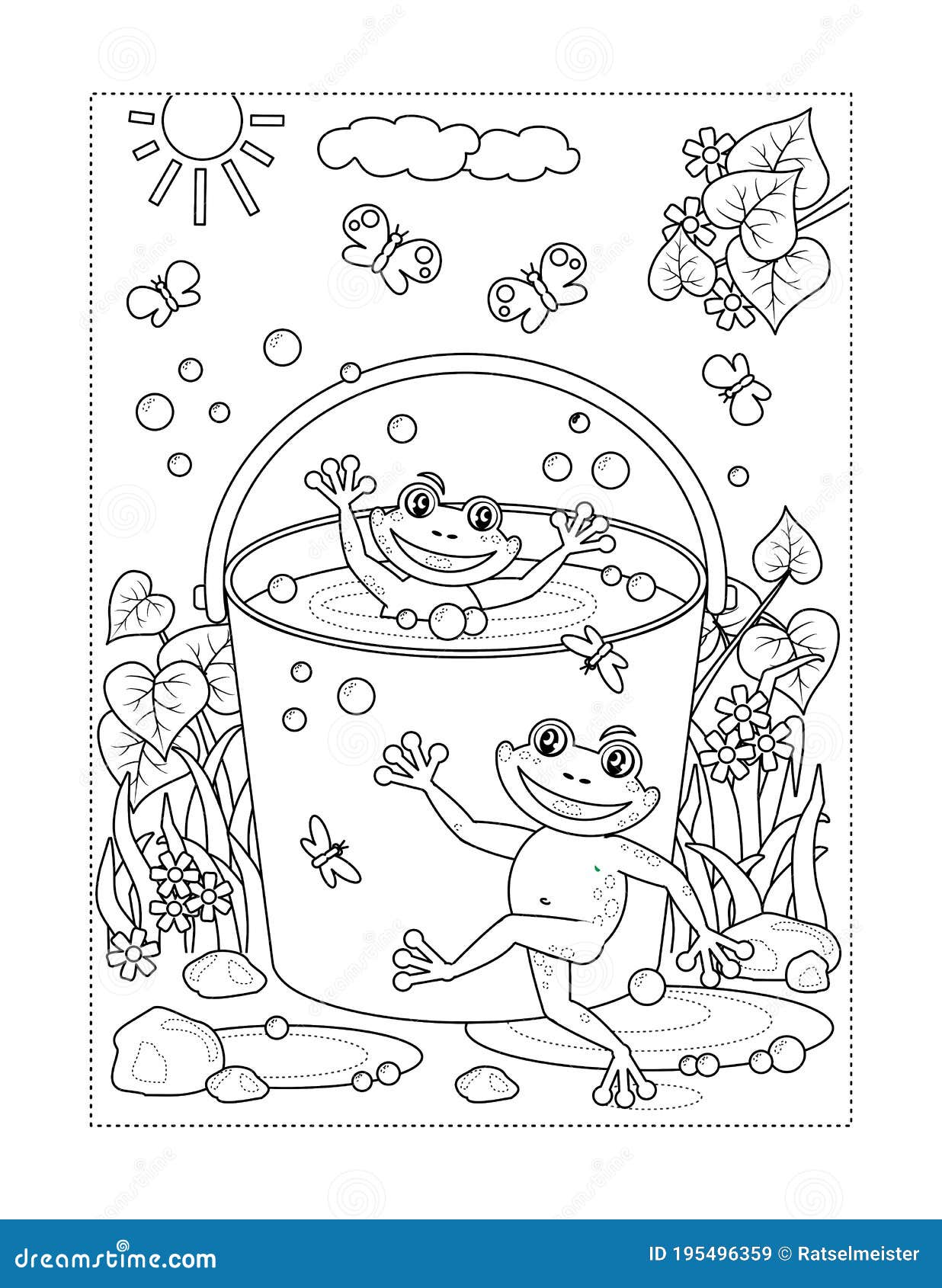 frogs playing in bucket full of water coloring page